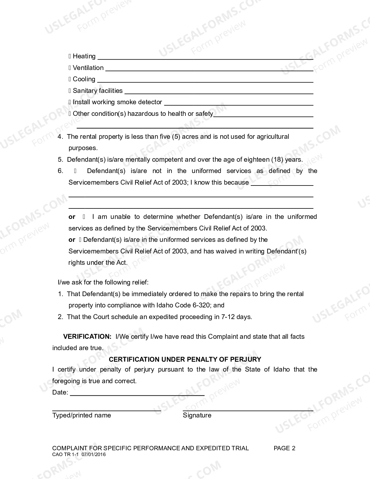 Preview Complaint For Specific Performance And Expedited Trial
