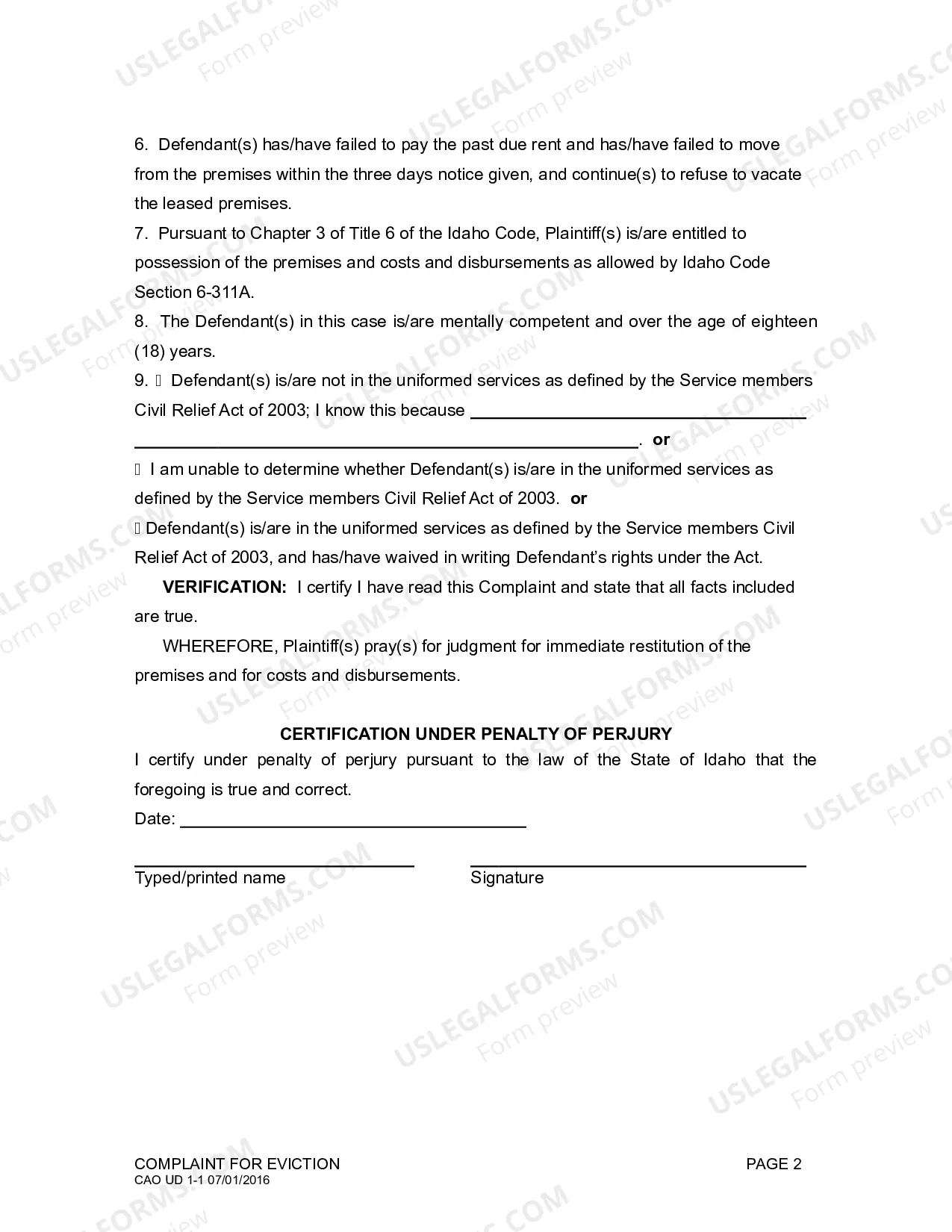 Preview Complaint for Eviction (Ex pedited Proceeding)