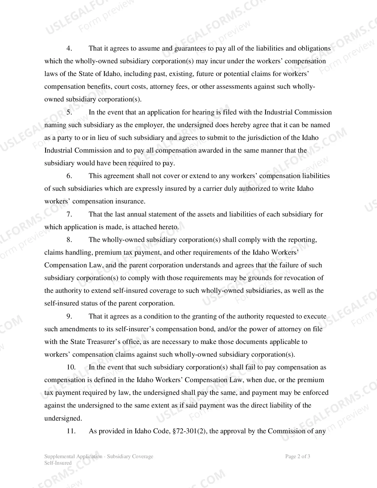 Preview Subsidiary Coverage For WC Self-Insurers (Supplemental Application)