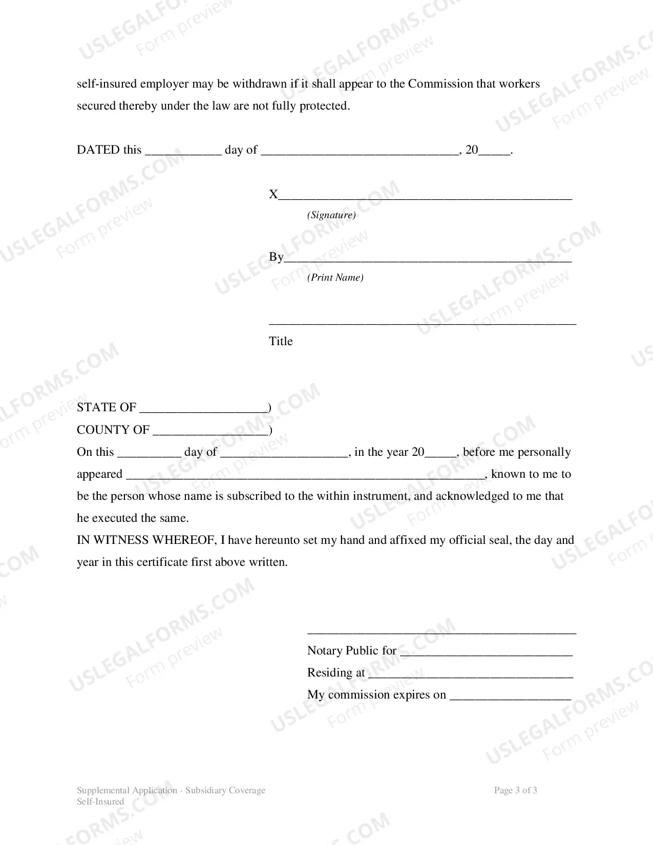 Preview Subsidiary Coverage For WC Self-Insurers (Supplemental Application)