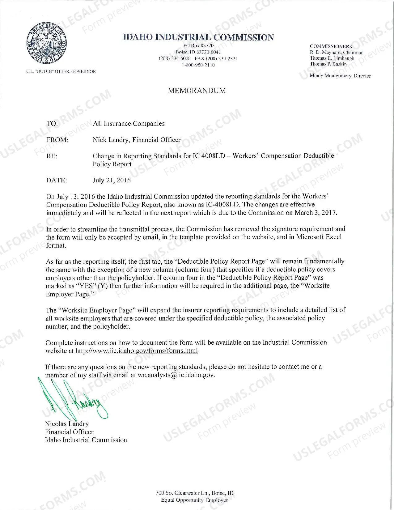 Preview Change in Reporting Standards for 4008LD - Workers' Compensation on Deductible Policy Reports- Letter from the Idaho Industrial Commission to All Insurance Companies