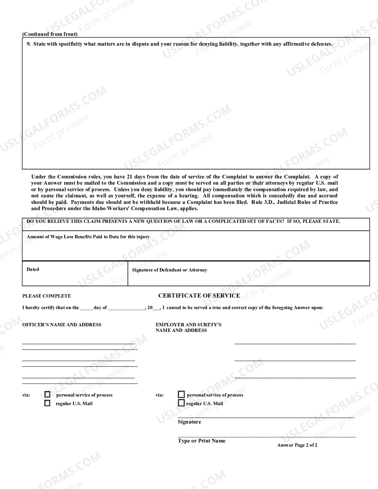 Preview Answer to Officer's Complaint for Continuation of Salary Benefit