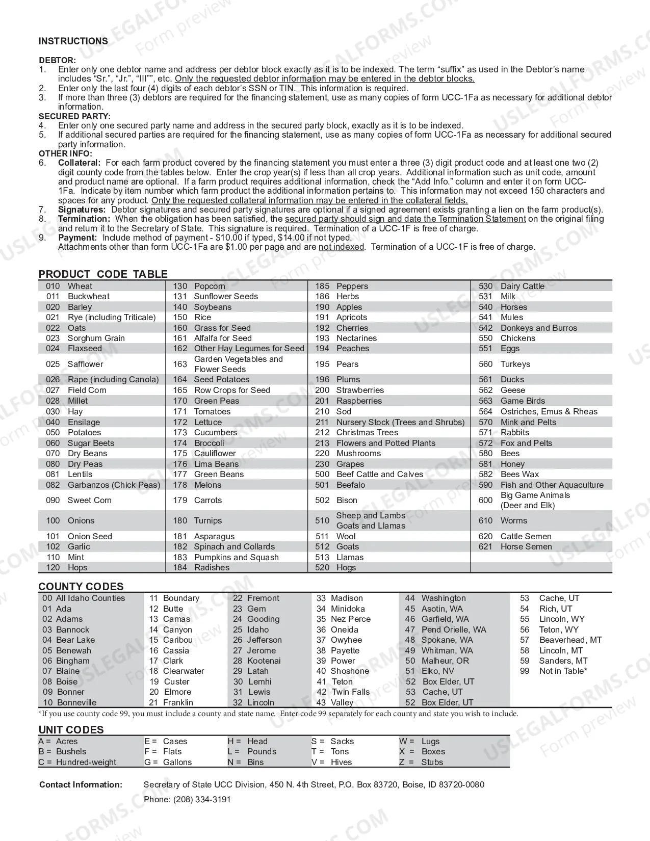 Preview Idaho UCC1 Farm Products Financing Statement