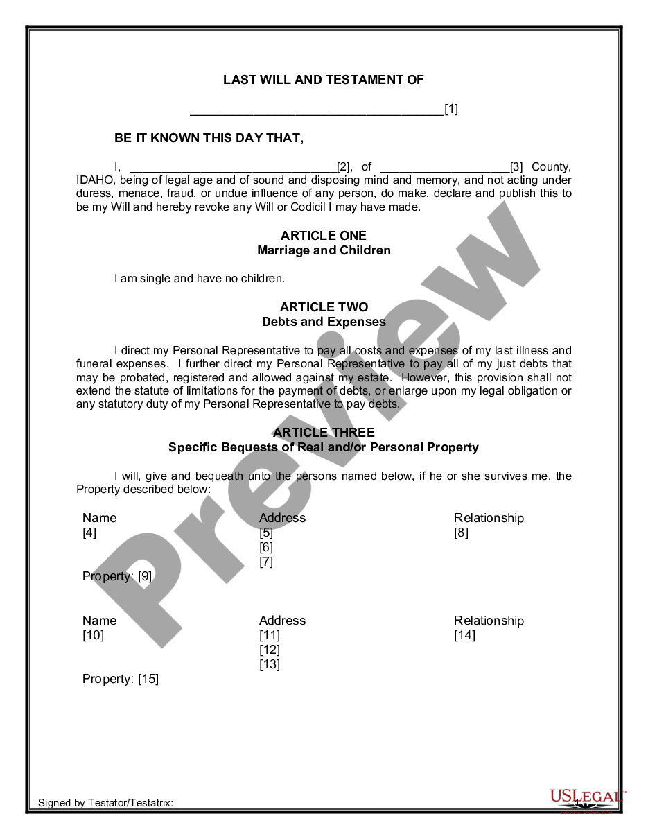 Idaho Legal Last Will and Testament Form for Single Person with No