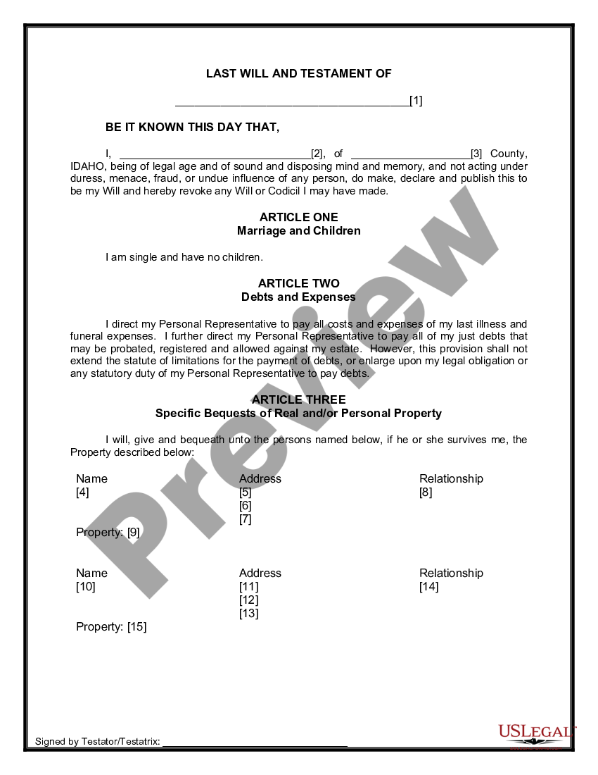 Idaho Legal Last Will and Testament Form for Single Person with No ...