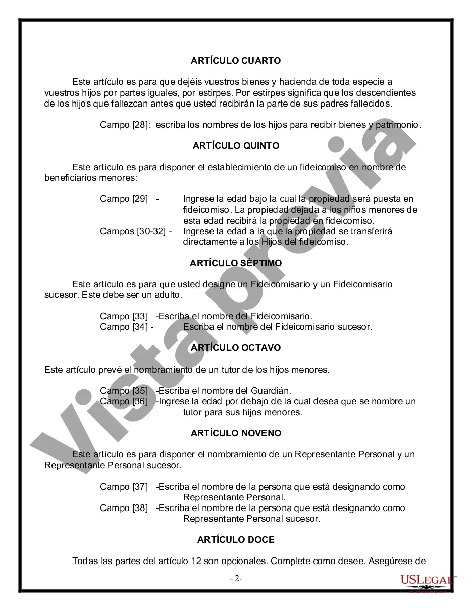 Preview Formulario Legal de Última Voluntad y Testamento para una Persona Soltera con Hijos Menores