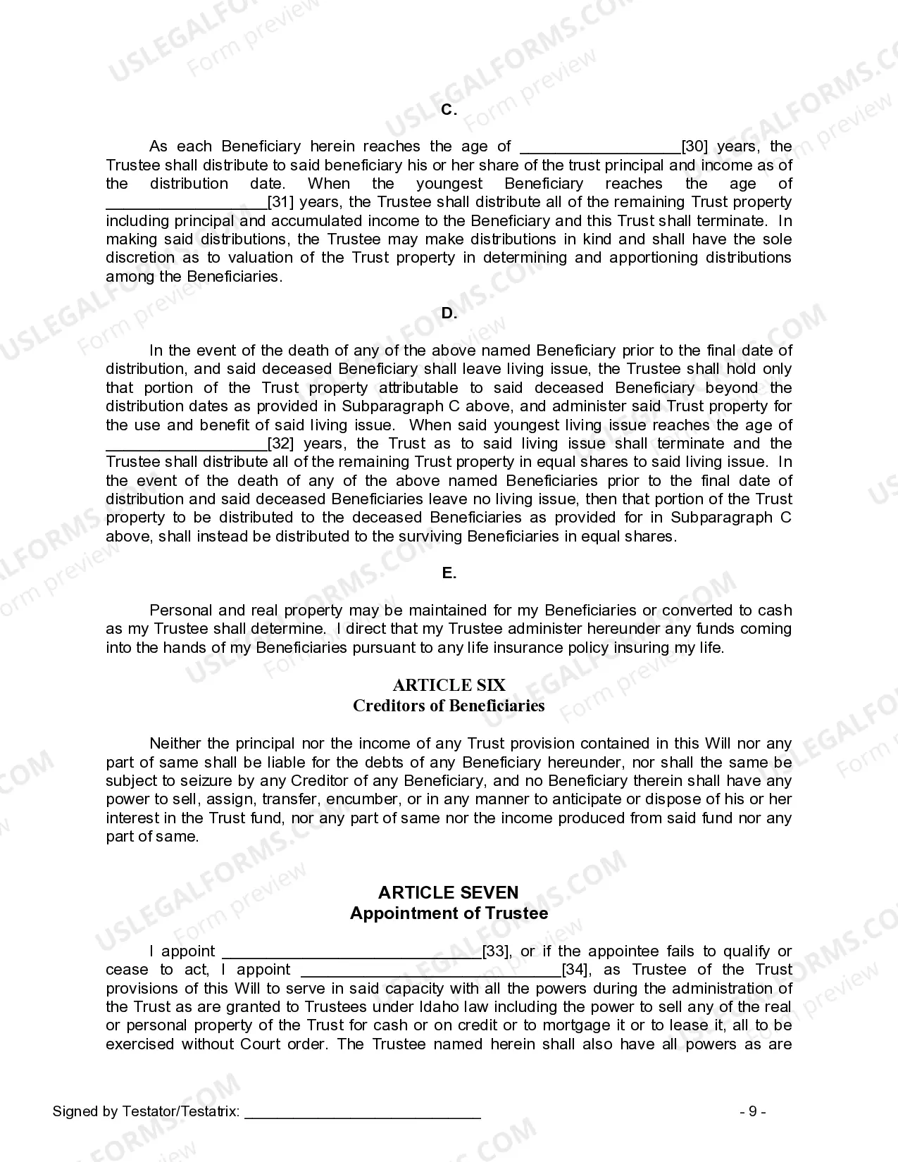 Preview Last Will and Testament for a Single Person with Minor Children