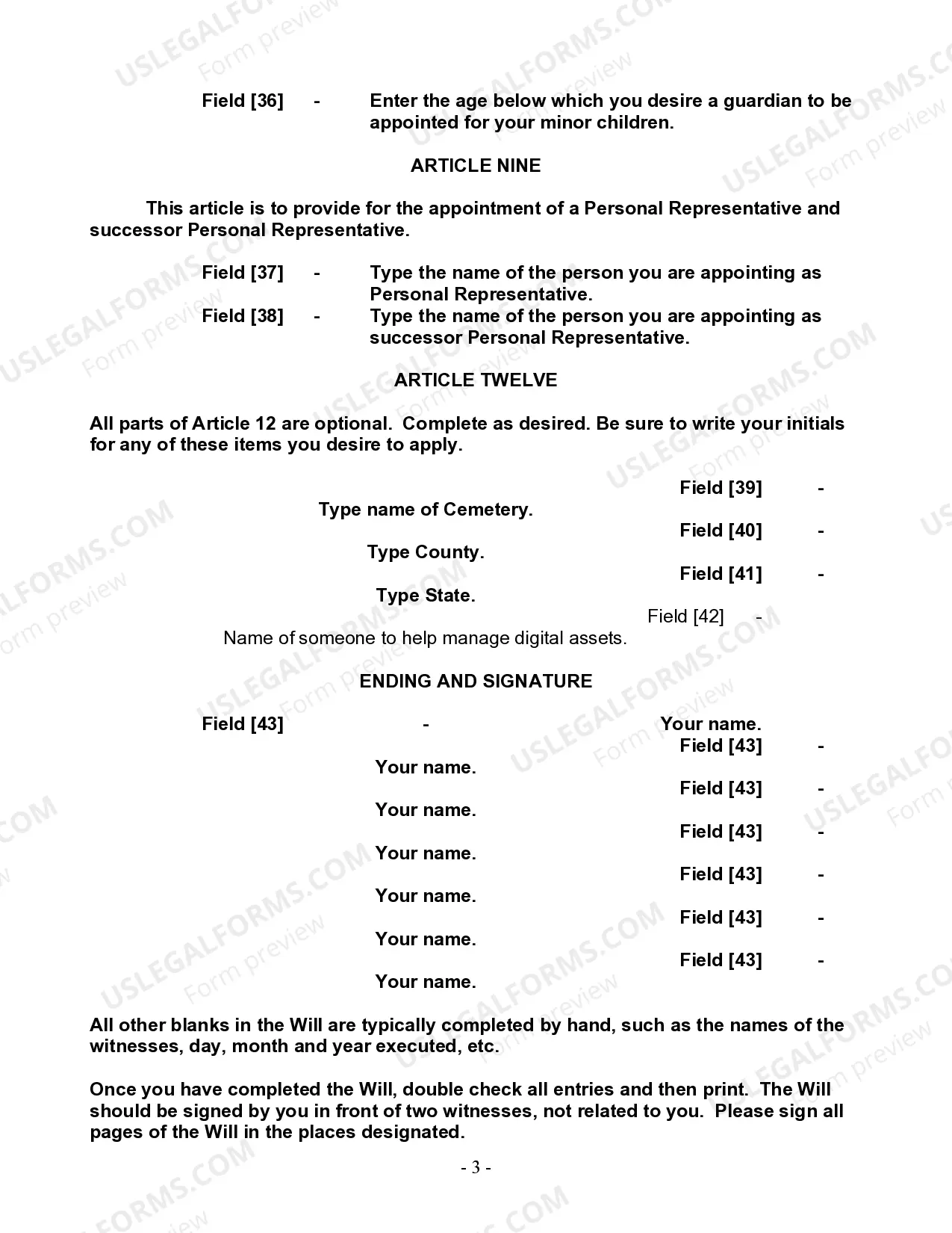 Preview Last Will and Testament for a Single Person with Minor Children
