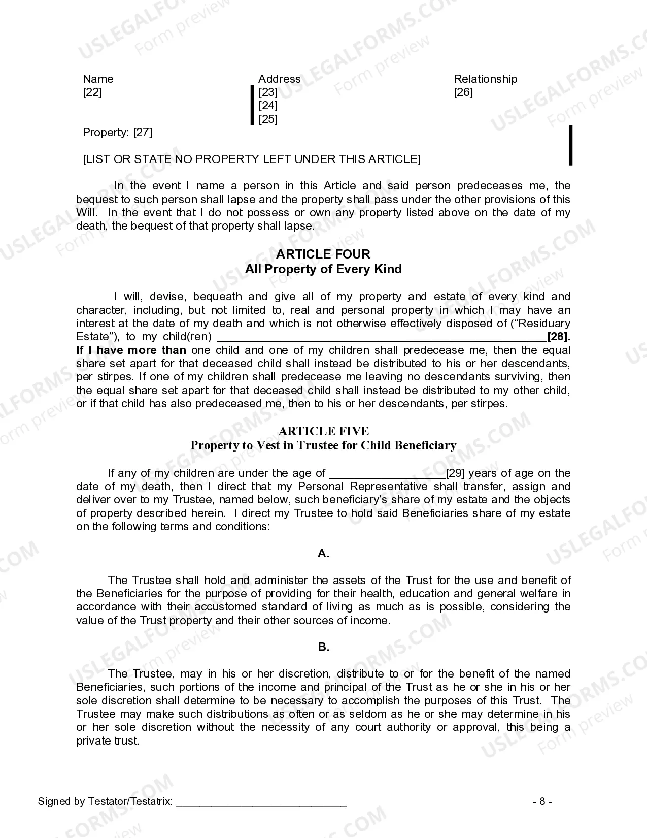 Preview Last Will and Testament for a Single Person with Minor Children