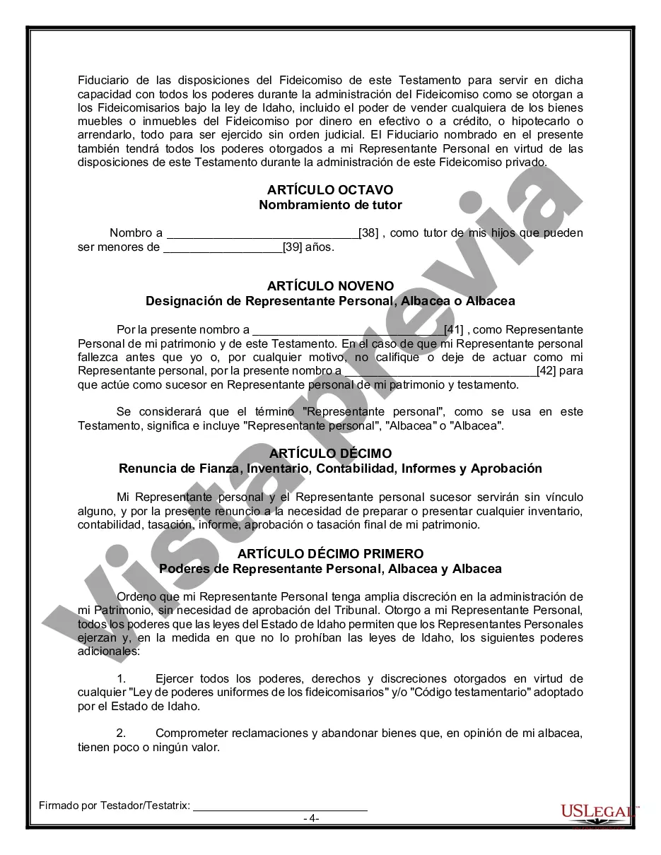 Preview Formulario Legal de Última Voluntad y Testamento para Persona Soltera con Hijos Adultos y Menores