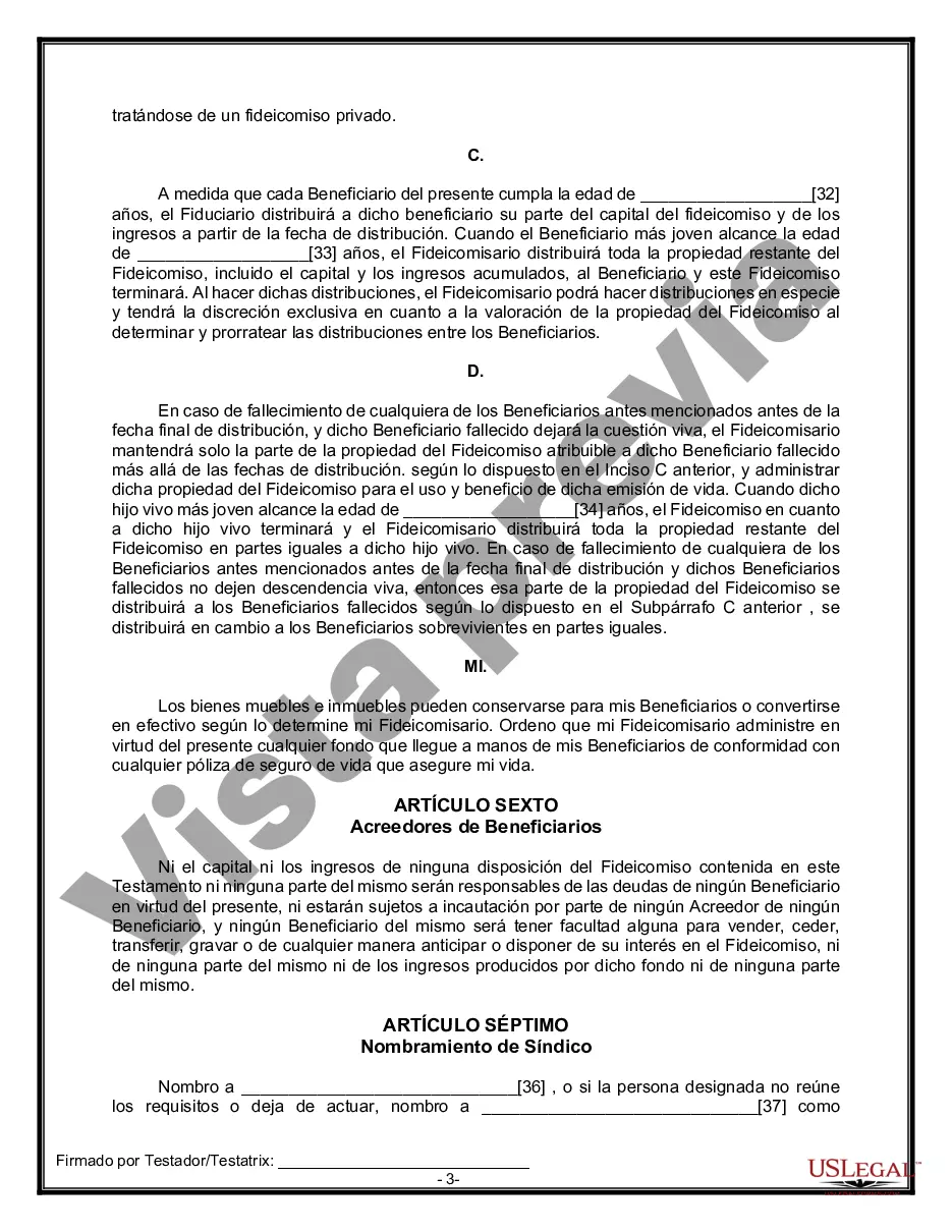 Preview Formulario Legal de Última Voluntad y Testamento para Persona Soltera con Hijos Adultos y Menores