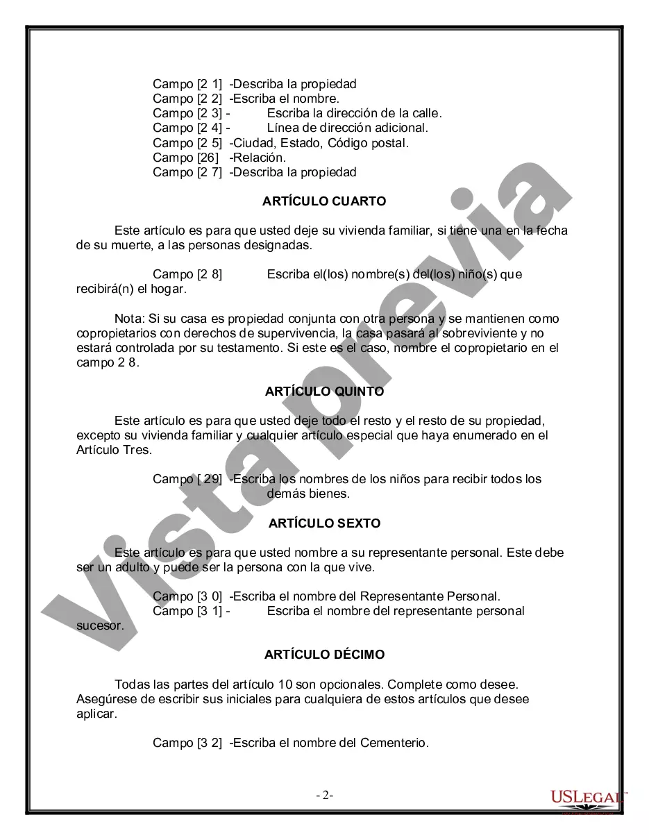 Preview Formulario Legal de Última Voluntad y Testamento para Persona Soltera con Hijos Adultos