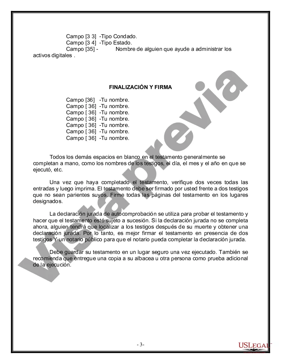 Preview Formulario Legal de Última Voluntad y Testamento para Persona Soltera con Hijos Adultos