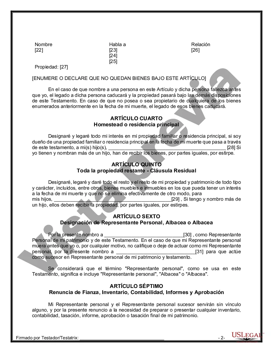Preview Formulario Legal de Última Voluntad y Testamento para Persona Soltera con Hijos Adultos