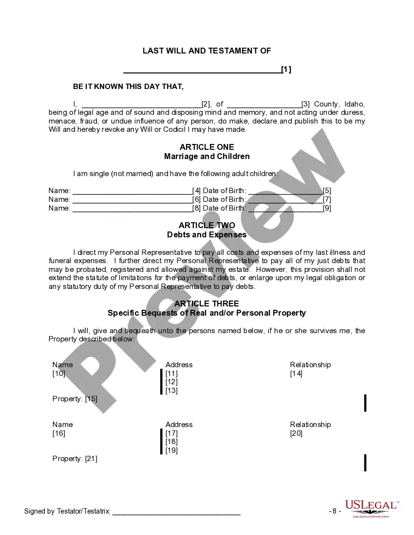 Preview Last Will and Testament for Single Person with Adult Children