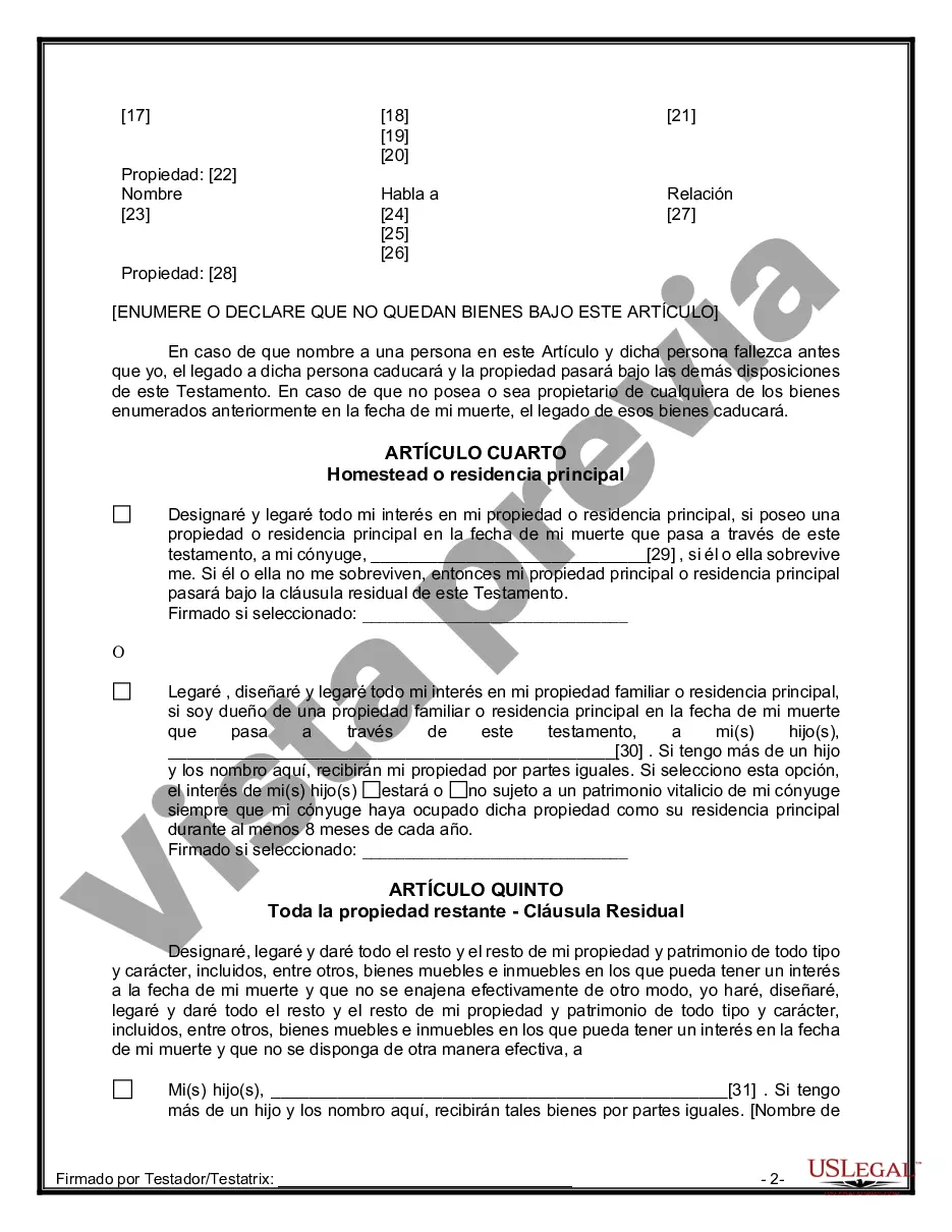 Preview Última voluntad y testamento legal para persona casada con hijos menores de edad de un matrimonio anterior