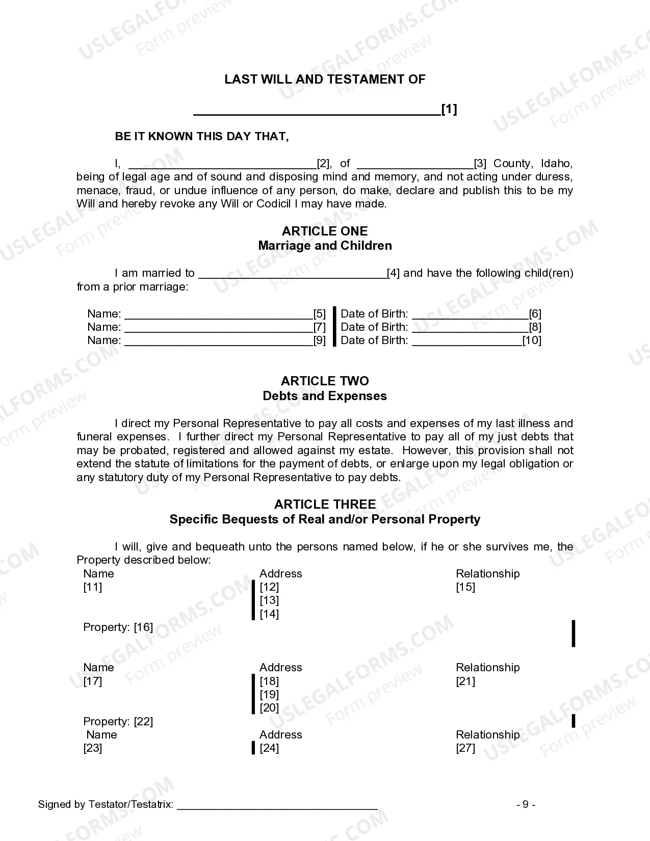 Preview Last Will and Testament for Married person with Minor Children from Prior Marriage
