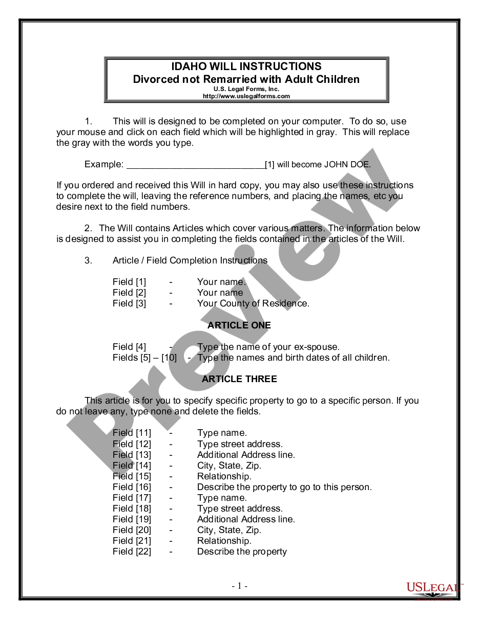 page 0 Legal Last Will and Testament Form for Divorced person not Remarried with Adult Children preview