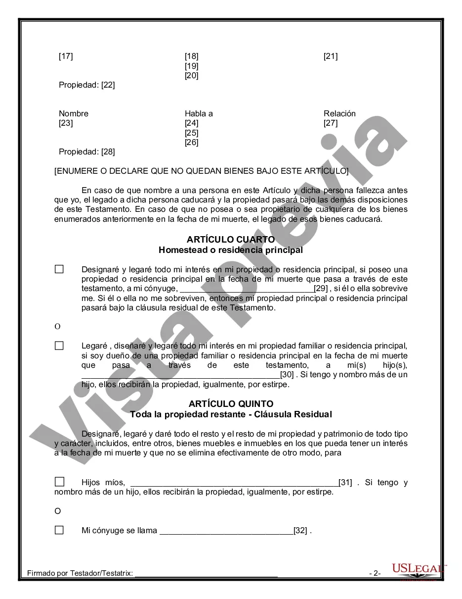 Preview Formulario de última voluntad y testamento legal para una persona casada con hijos adultos de un matrimonio anterior