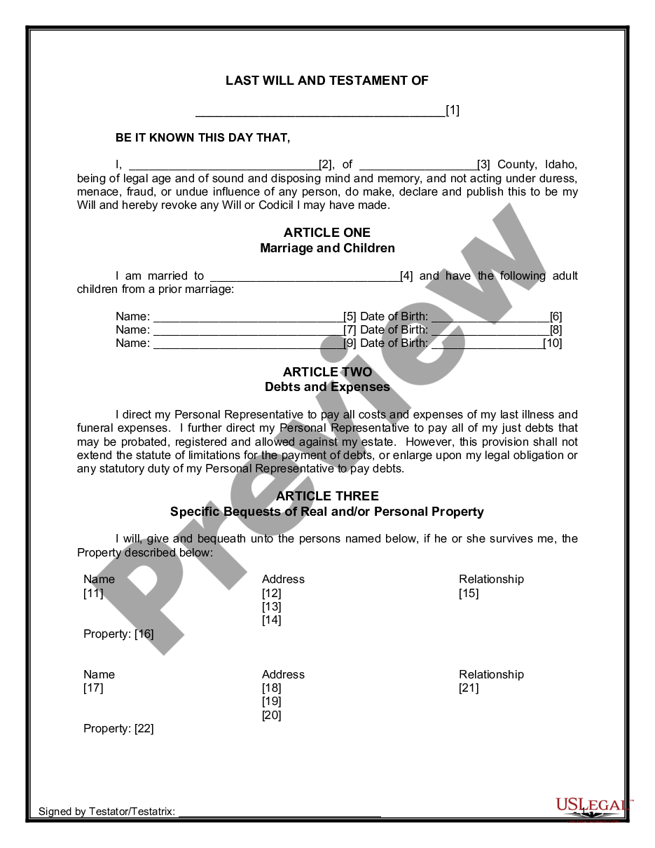 Idaho Legal Last Will and Testament Form for Married person with Adult