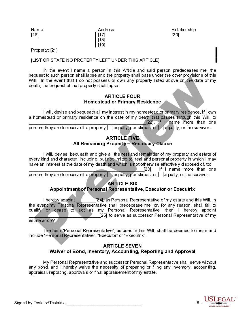 Preview Last Will and Testament for Divorced Person Not Remarried with No Children