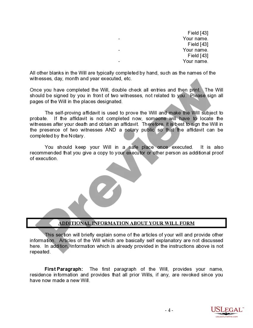 Preview Last Will and Testament for Divorced person not Remarried with Minor Children