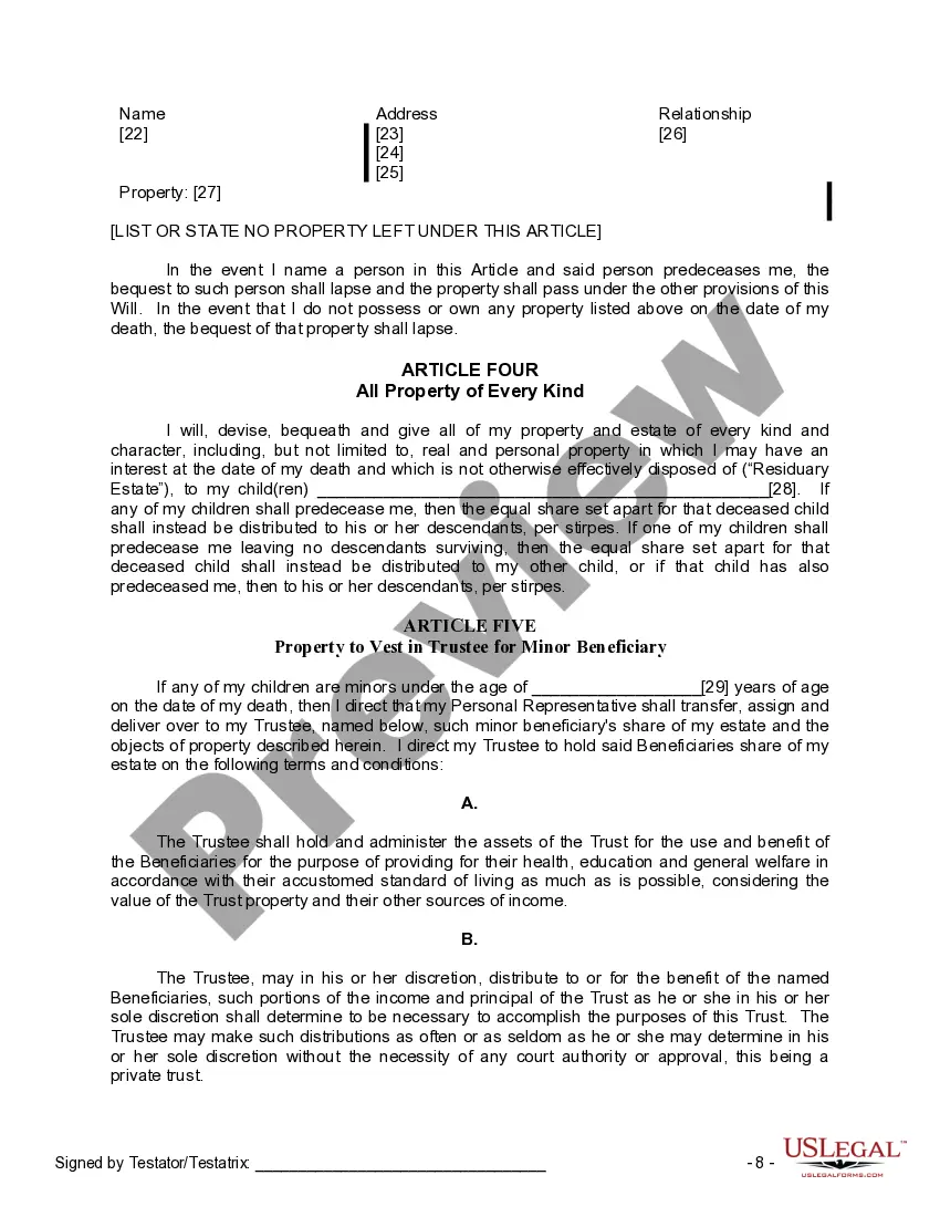 Preview Last Will and Testament for Divorced person not Remarried with Minor Children