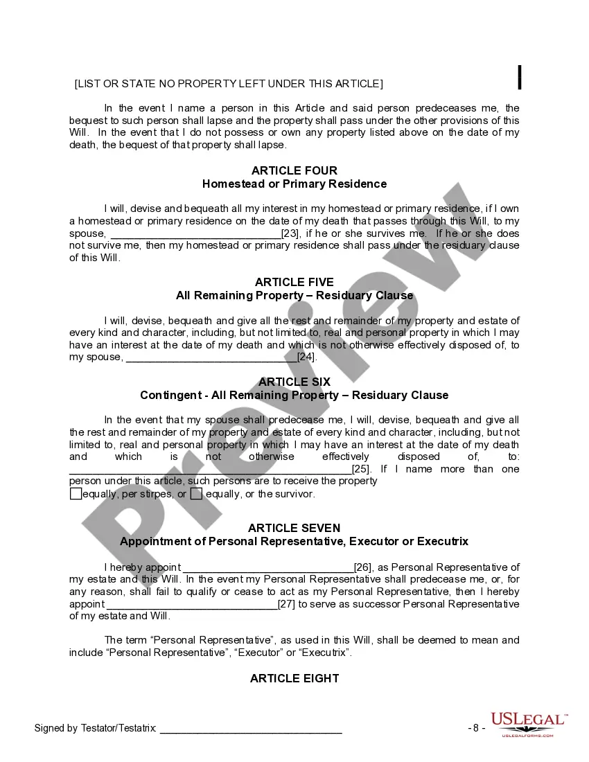 Preview Last Will and Testament for a Married Person with No Children