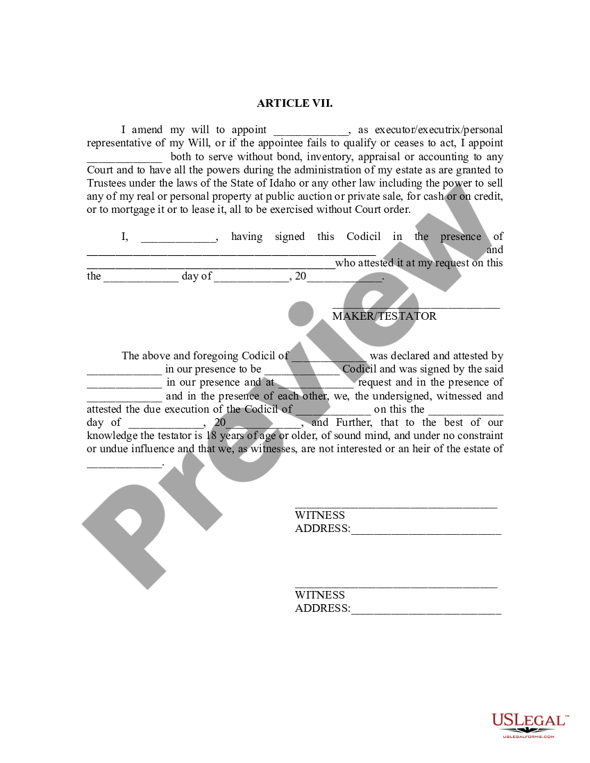 Idaho Codicil To Will Form For Amending Your Will Codicil To Will Us Legal Forms 4918