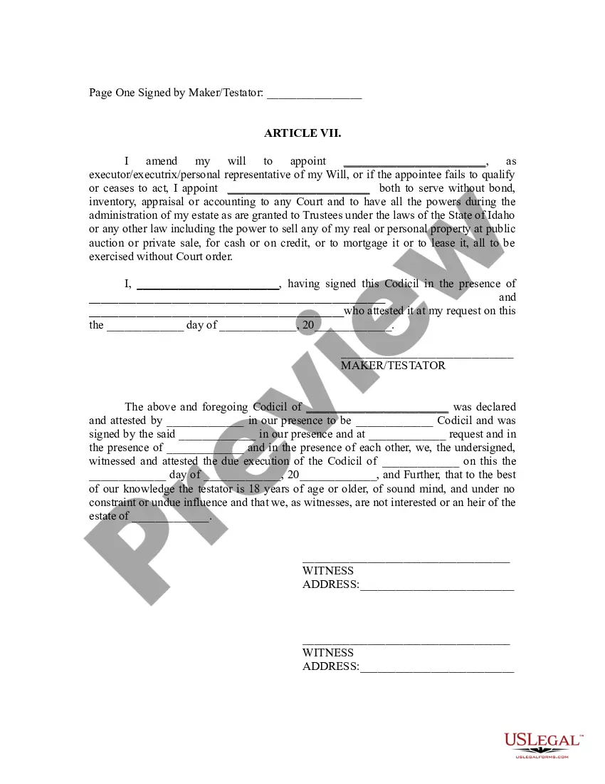 Preview Codicil to Will Form for Amending Your Will - Will Changes or Amendments