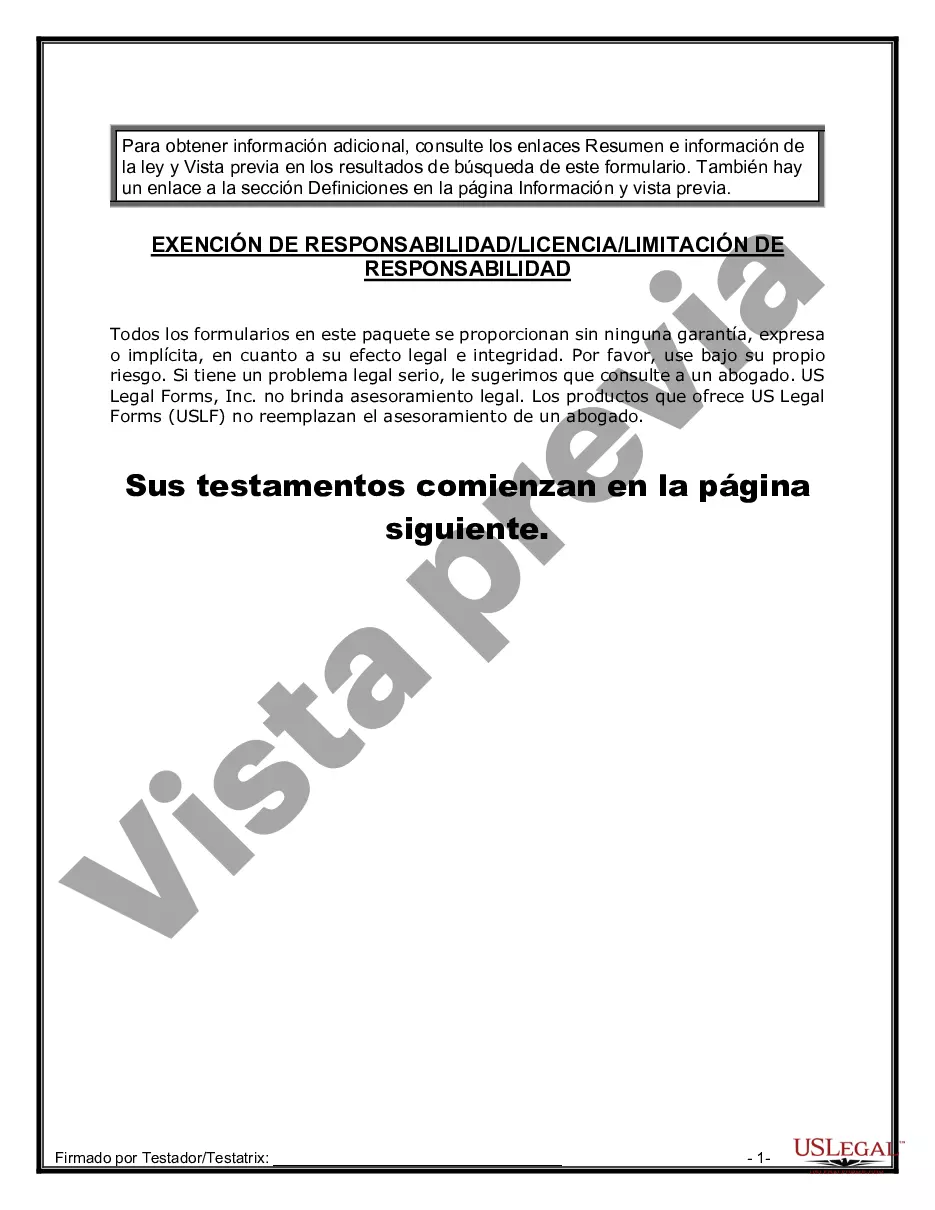 Preview Paquete de Voluntades Mutuas con Últimas Voluntades y Testamentos para Pareja Casada sin Hijos