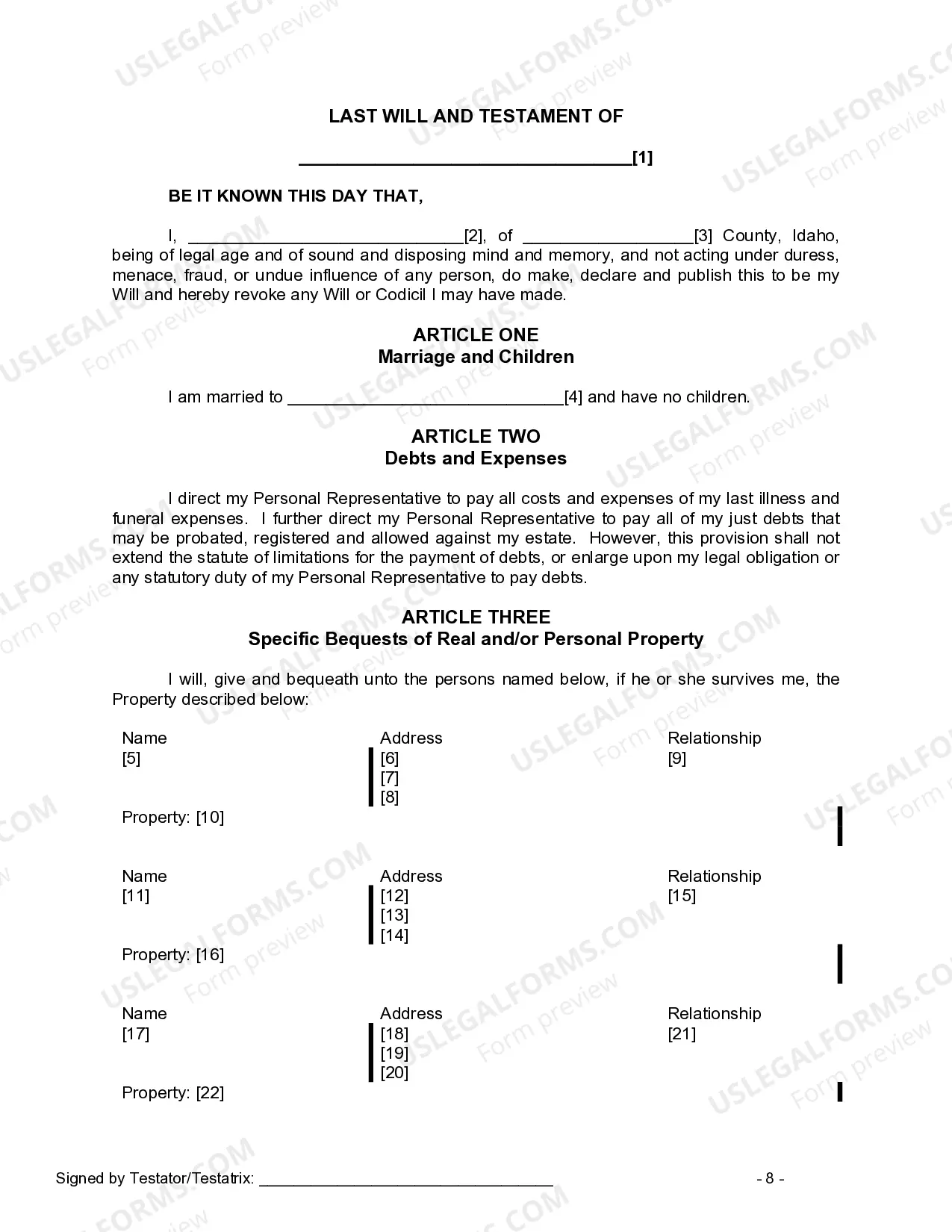 Preview Mutual Wills package with Last Wills and Testaments for Married Couple with No Children