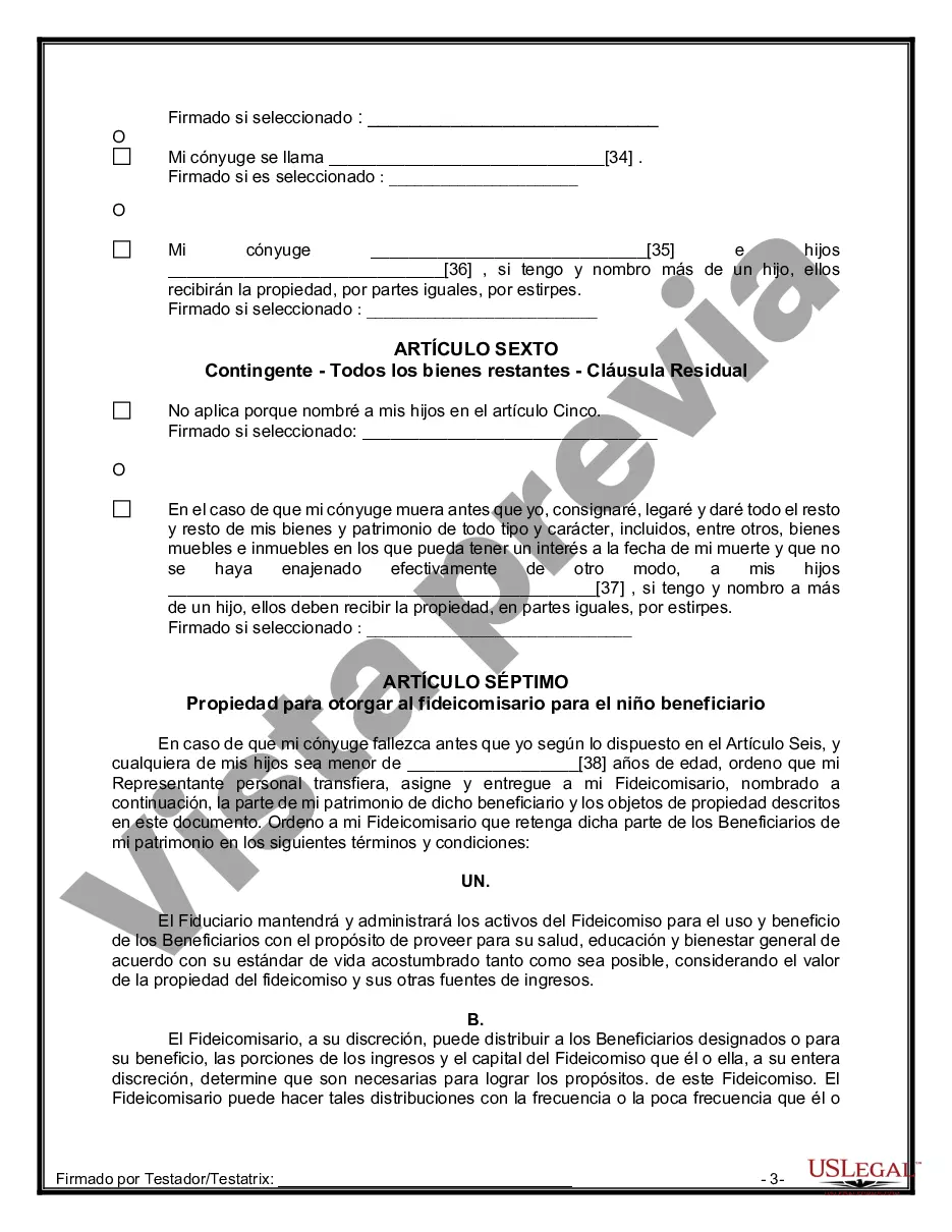 Preview Formulario Legal de Última Voluntad y Testamento para Persona Casada con Hijos Adultos y Menores de Matrimonio Anterior
