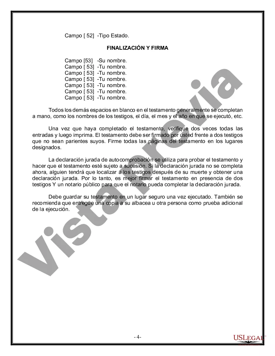 Preview Formulario Legal de Última Voluntad y Testamento para Persona Casada con Hijos Adultos y Menores de Matrimonio Anterior