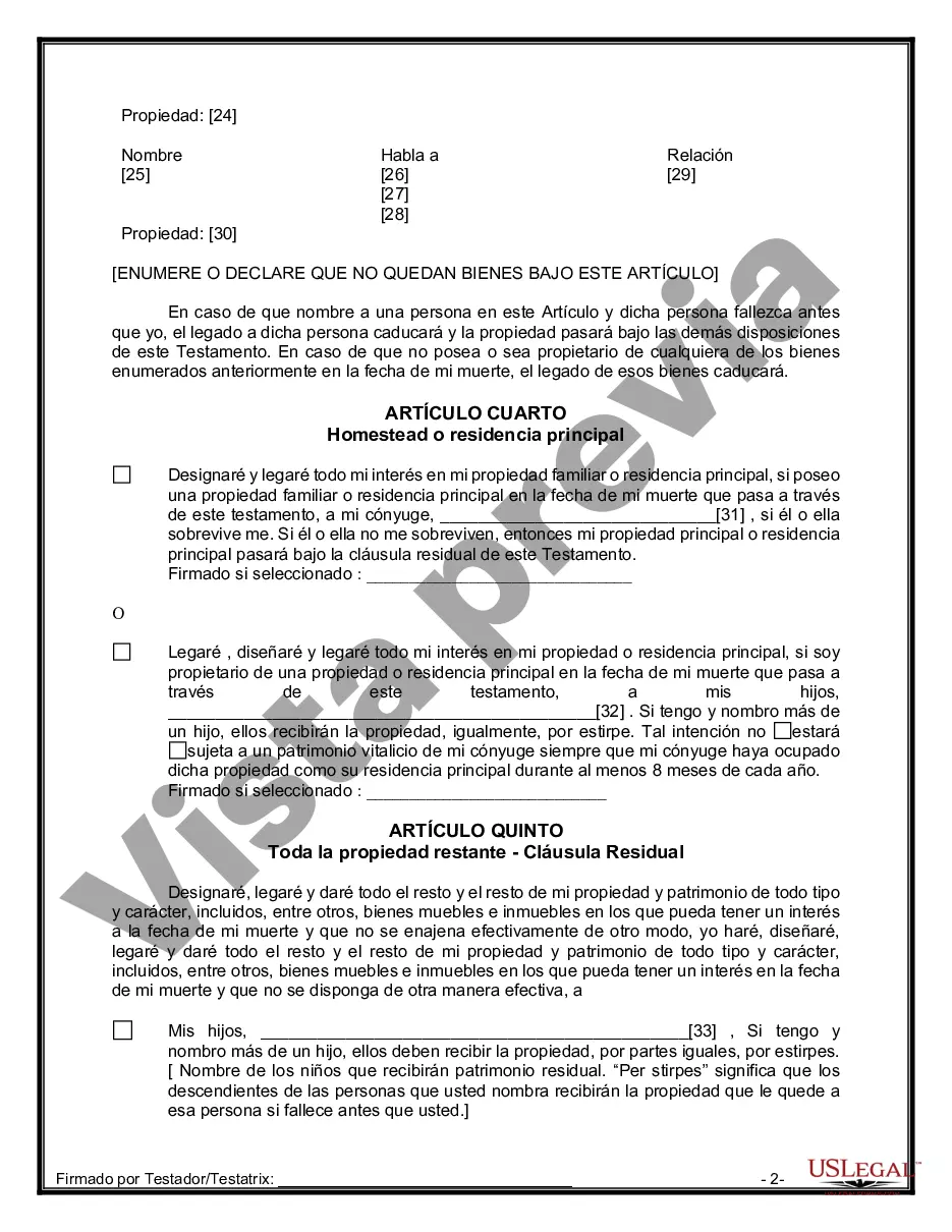 Preview Formulario Legal de Última Voluntad y Testamento para Persona Casada con Hijos Adultos y Menores de Matrimonio Anterior