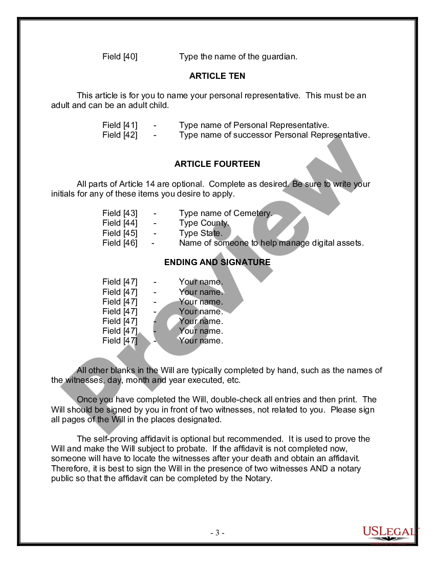 Idaho Legal Last Will and Testament Form for a Widow or Widower with ...