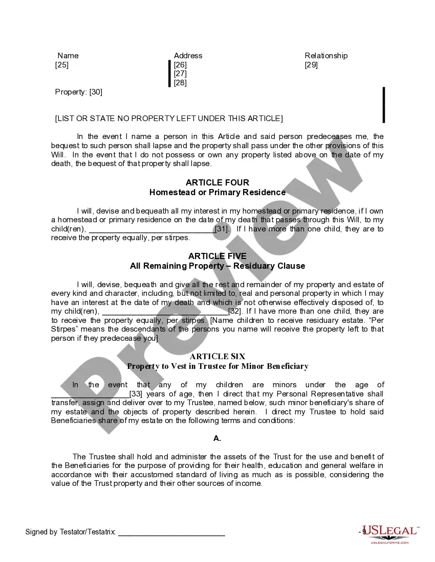 Preview Last Will and Testament for a Widow or Widower with Adult and Minor Children