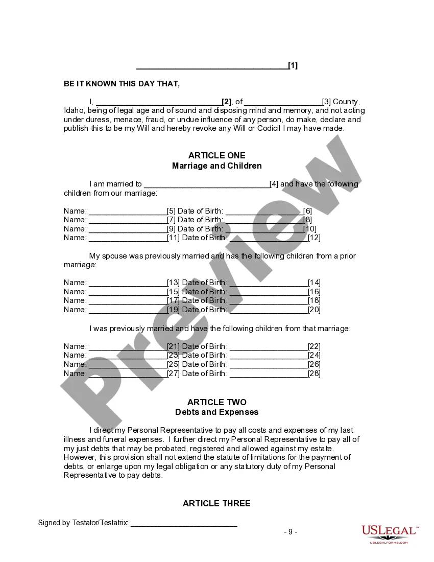 Preview Last Will and Testament for Divorced and Remarried Person with Mine, Yours and Ours Children
