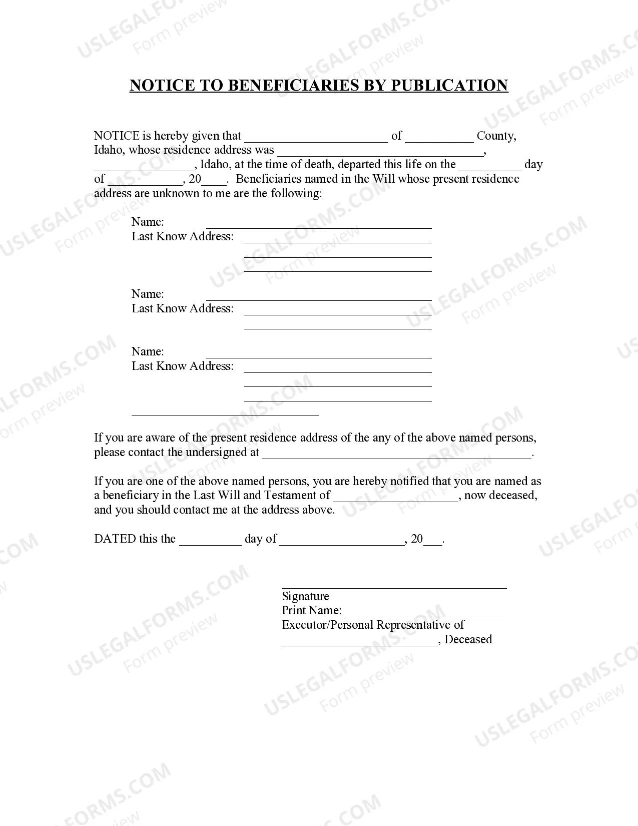 Preview Notice to Beneficiaries of being Named in Will