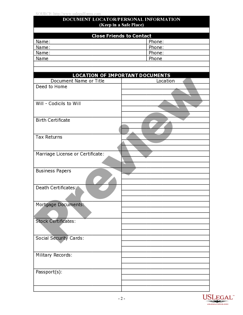 Idaho Document Locator and Personal Information Package including