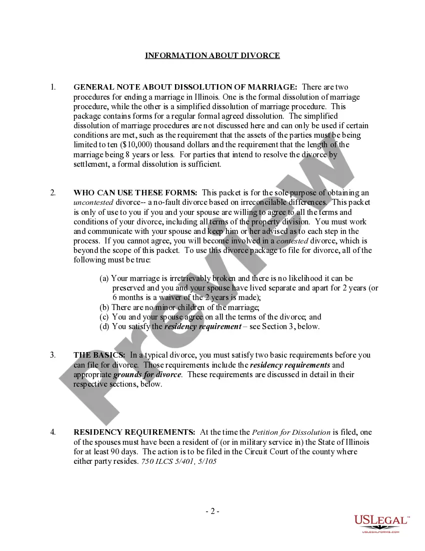Preview Illinois No-Fault Uncontested Agreed Divorce Package for Dissolution of Marriage with Adult Children and with or without Property and Debts