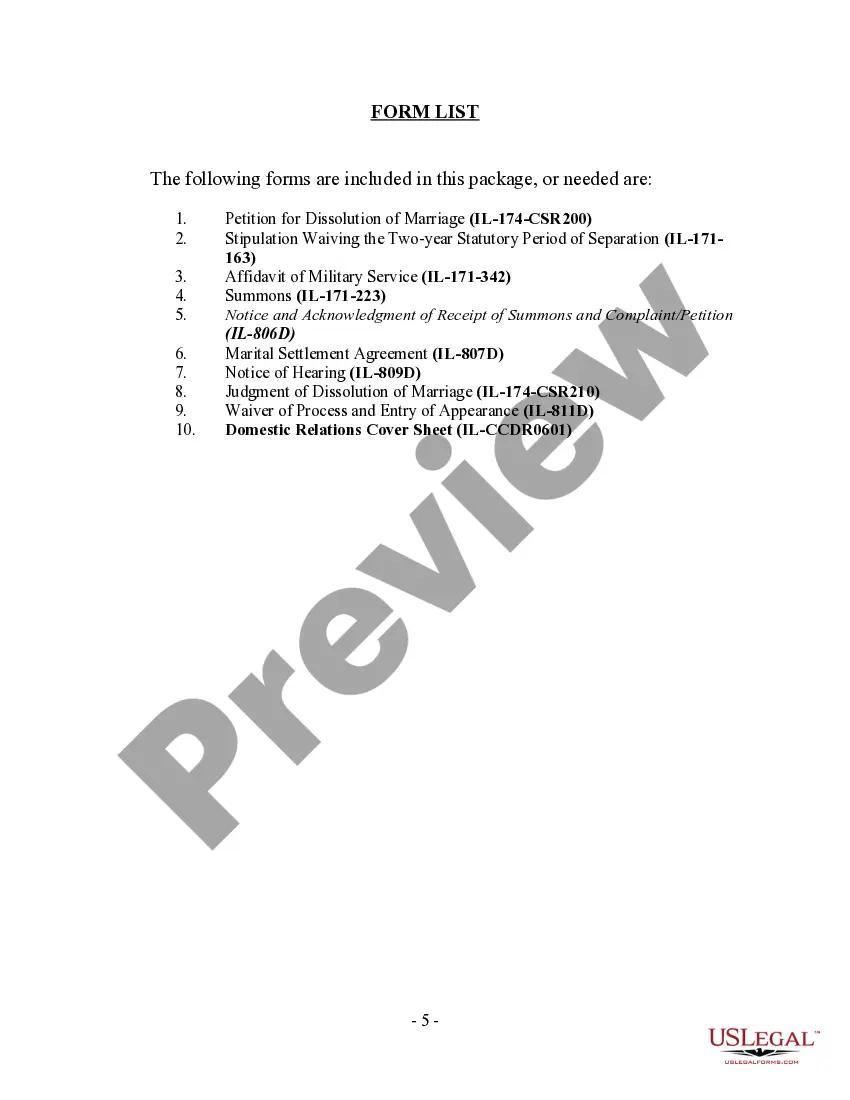 Preview Illinois No-Fault Uncontested Agreed Divorce Package for Dissolution of Marriage with Adult Children and with or without Property and Debts