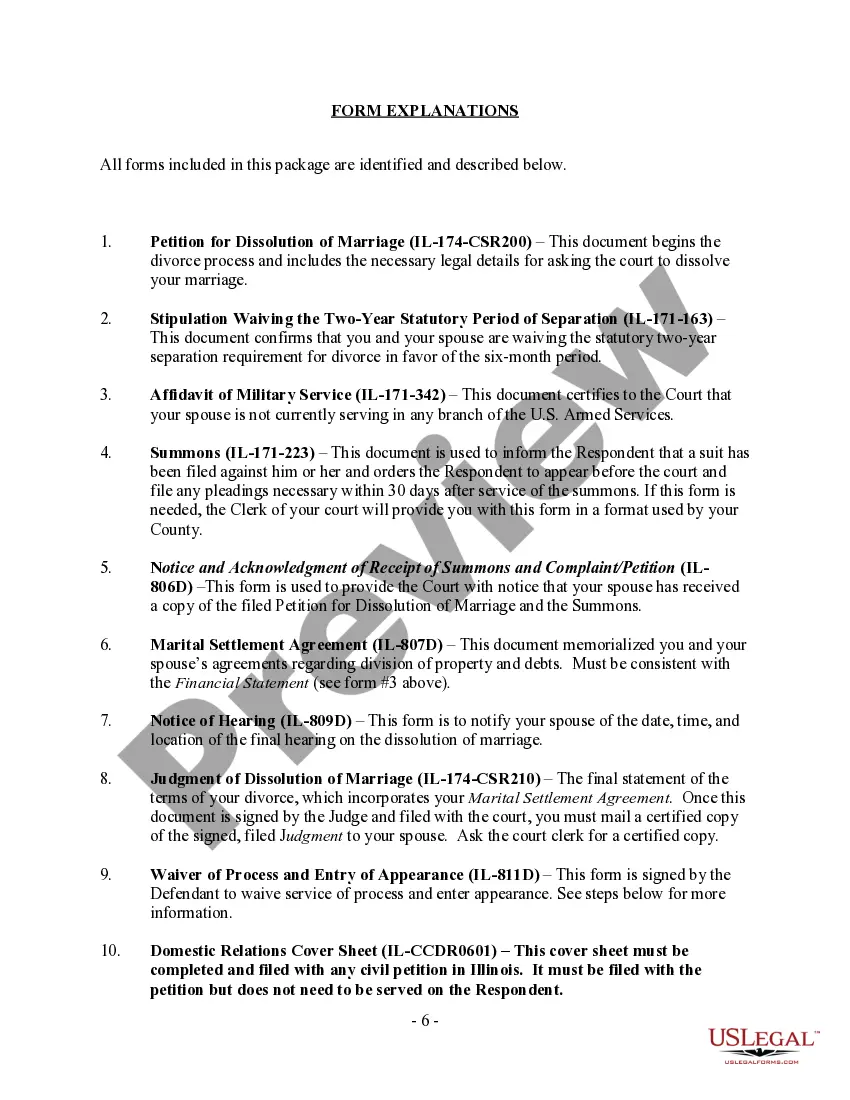 Preview Illinois No-Fault Uncontested Agreed Divorce Package for Dissolution of Marriage with Adult Children and with or without Property and Debts
