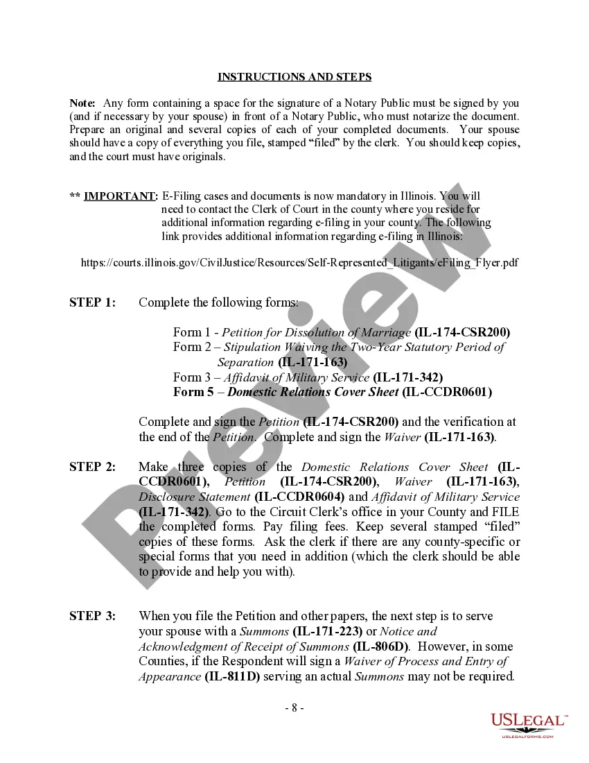 Preview Illinois No-Fault Uncontested Agreed Divorce Package for Dissolution of Marriage with Adult Children and with or without Property and Debts