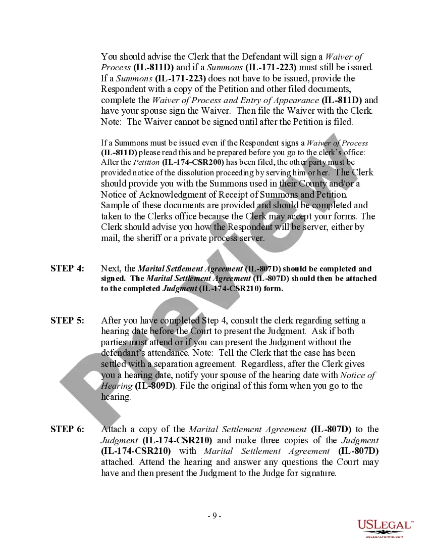 Preview Illinois No-Fault Uncontested Agreed Divorce Package for Dissolution of Marriage with Adult Children and with or without Property and Debts