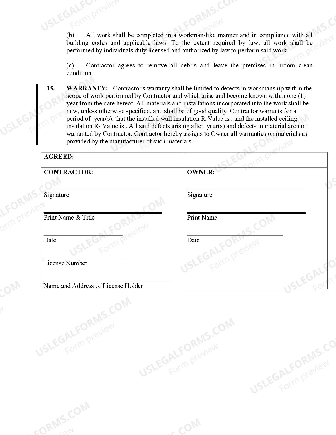 Preview Insulation Contract for Contractor