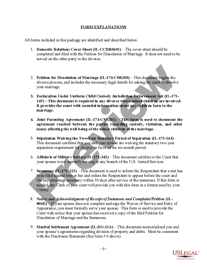 Preview Illinois No-Fault Agreed Uncontested Divorce Package for Dissolution of Marriage for people with Minor Children