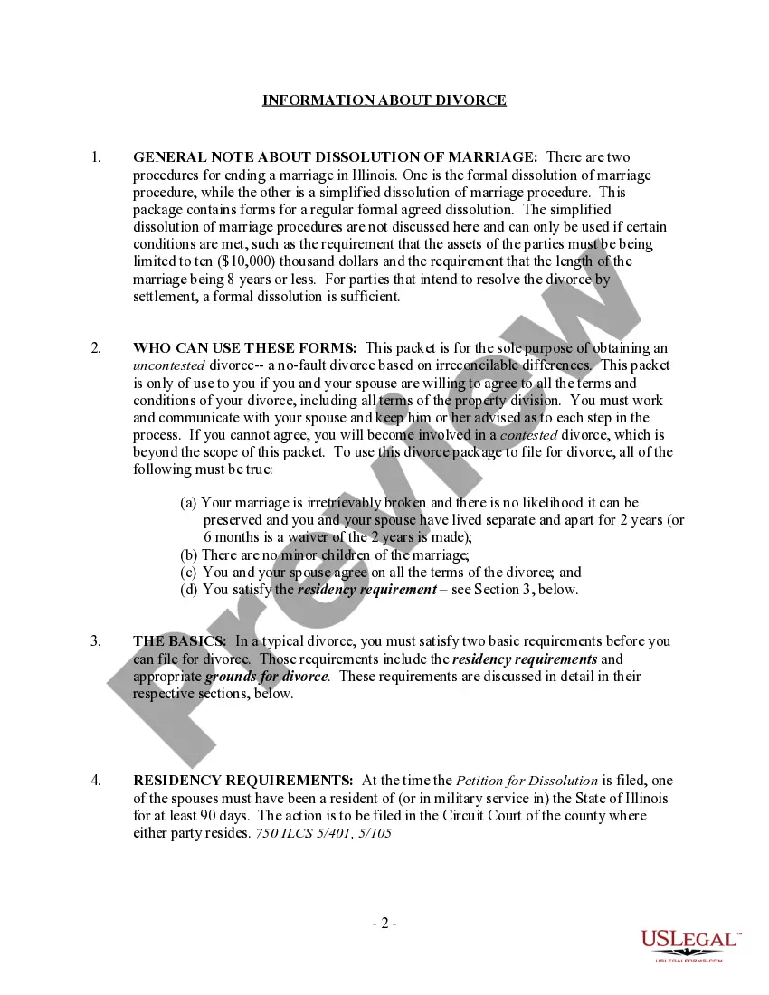 Preview Illinois No-Fault Agreed Uncontested Divorce Package for Dissolution of Marriage for Persons with No Children with or without Property and Debts