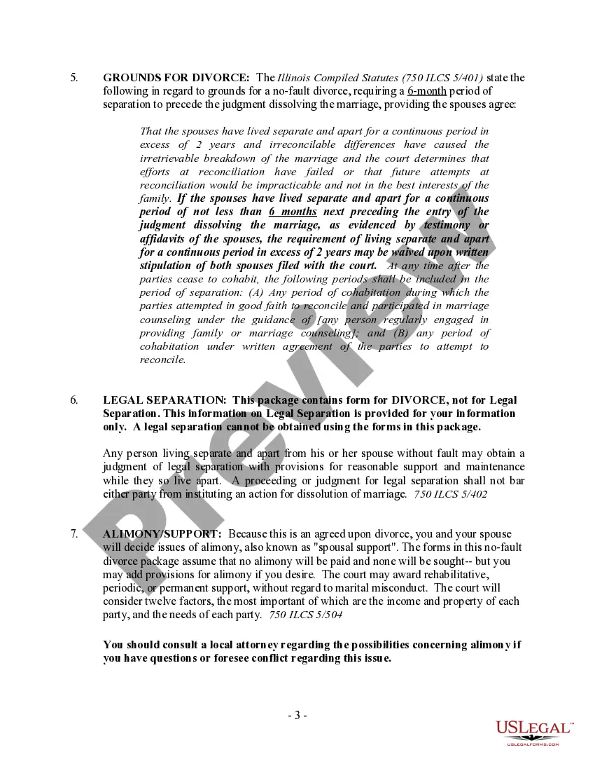 Preview Illinois No-Fault Agreed Uncontested Divorce Package for Dissolution of Marriage for Persons with No Children with or without Property and Debts