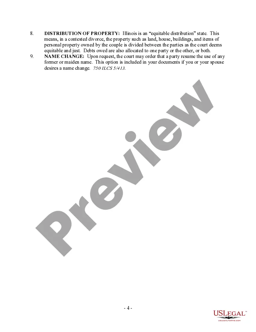 Preview Illinois No-Fault Agreed Uncontested Divorce Package for Dissolution of Marriage for Persons with No Children with or without Property and Debts